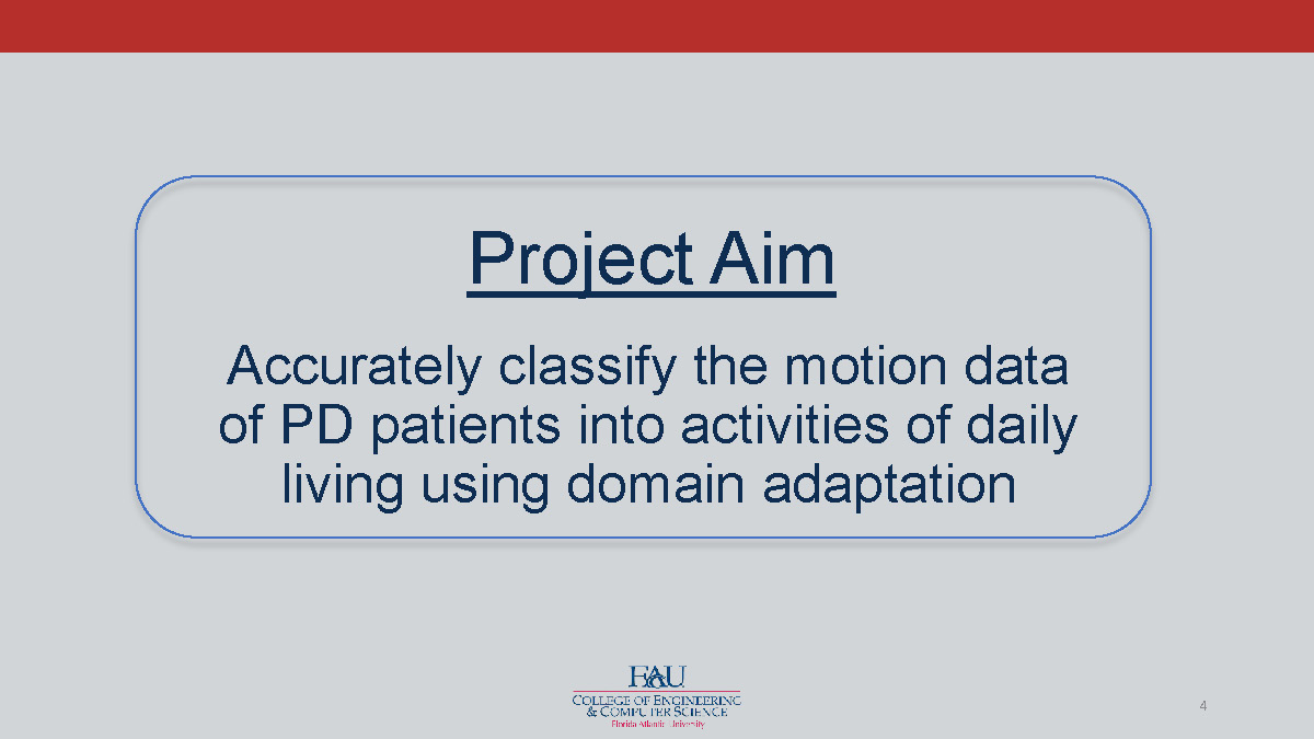 Slide 4: Project aim to accurately classify motion data of PD patients into activities of daily living using domain adaptation