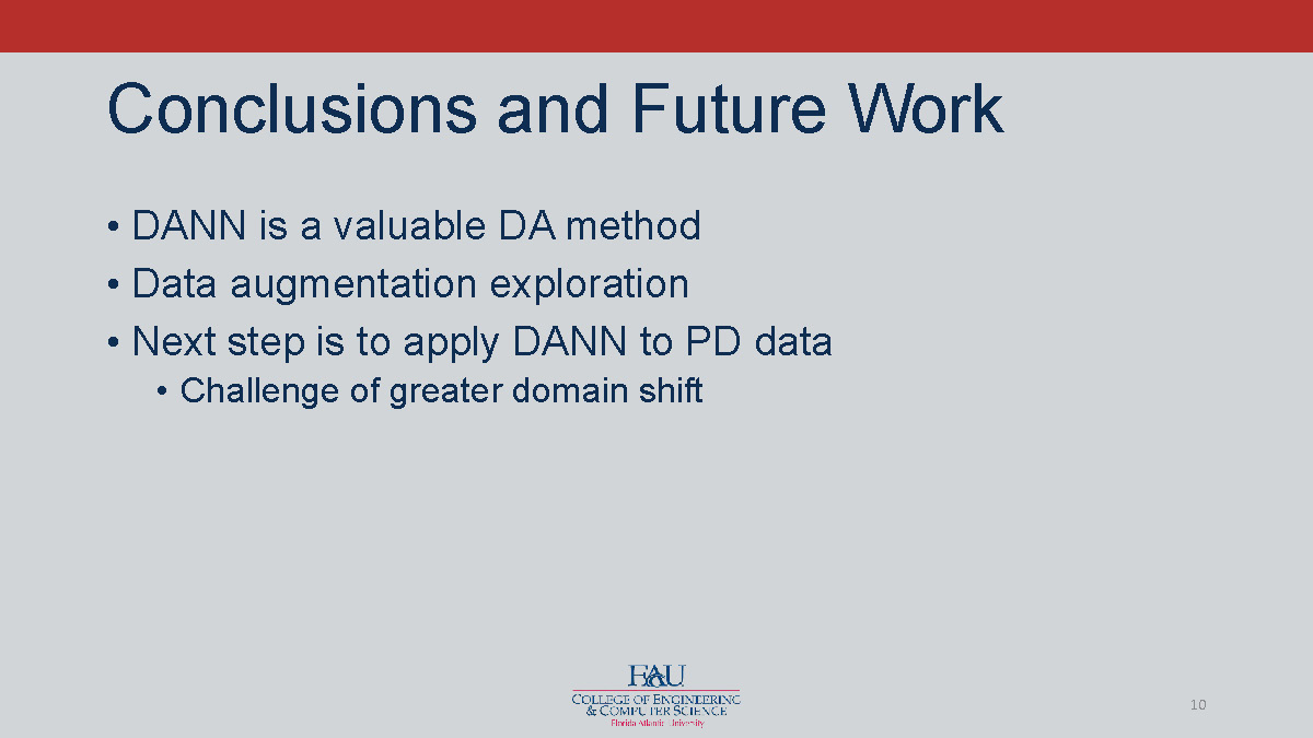Slide 10: Conclusions and future work including DANN validation and next steps for PD data application