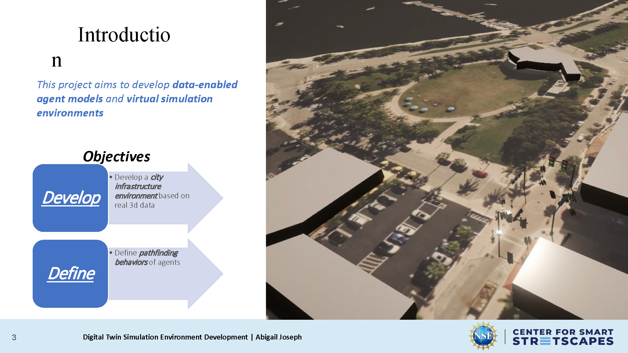 Slide 3: Introduction and project objectives for developing agent models and simulation environments