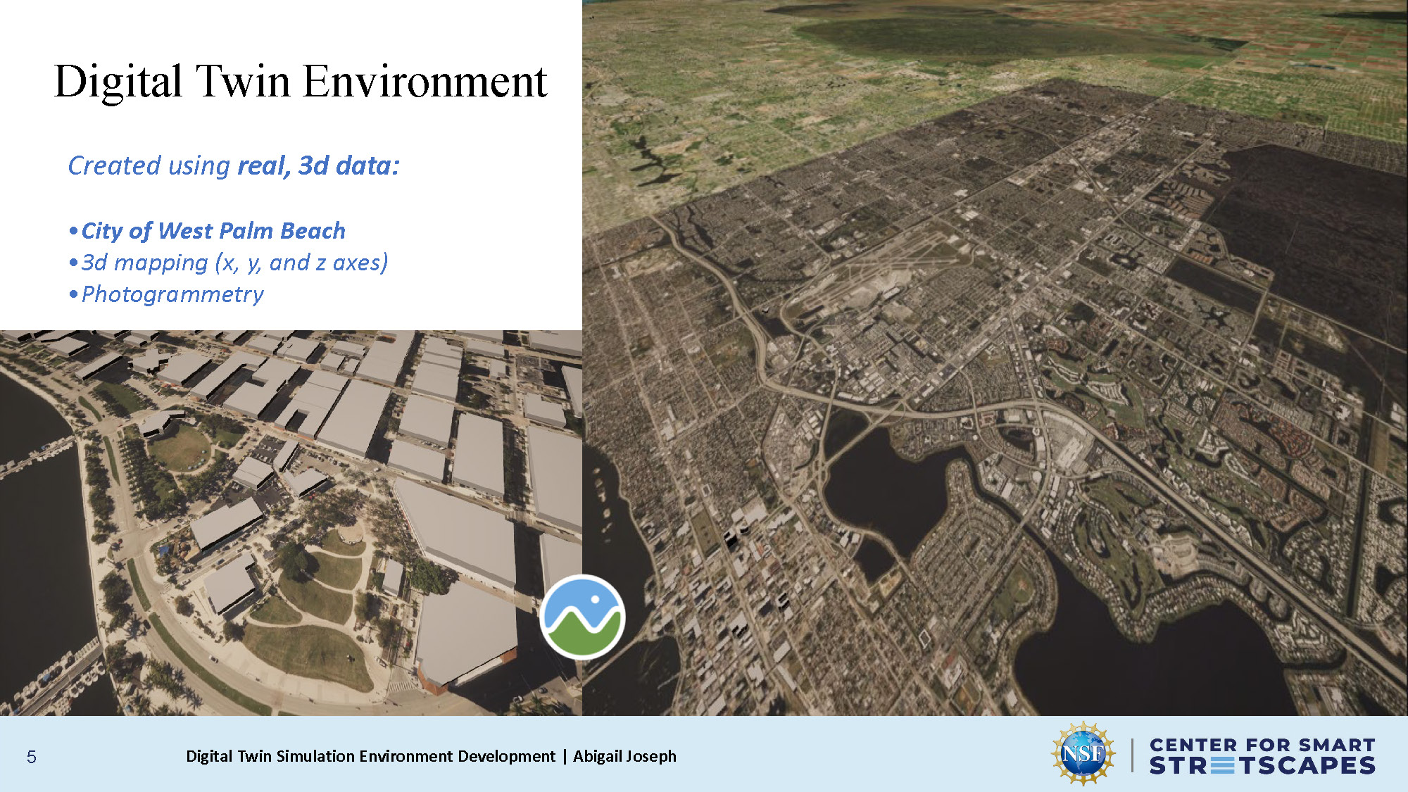 Slide 5: Details about the Digital Twin Environment creation using West Palm Beach data and photogrammetry