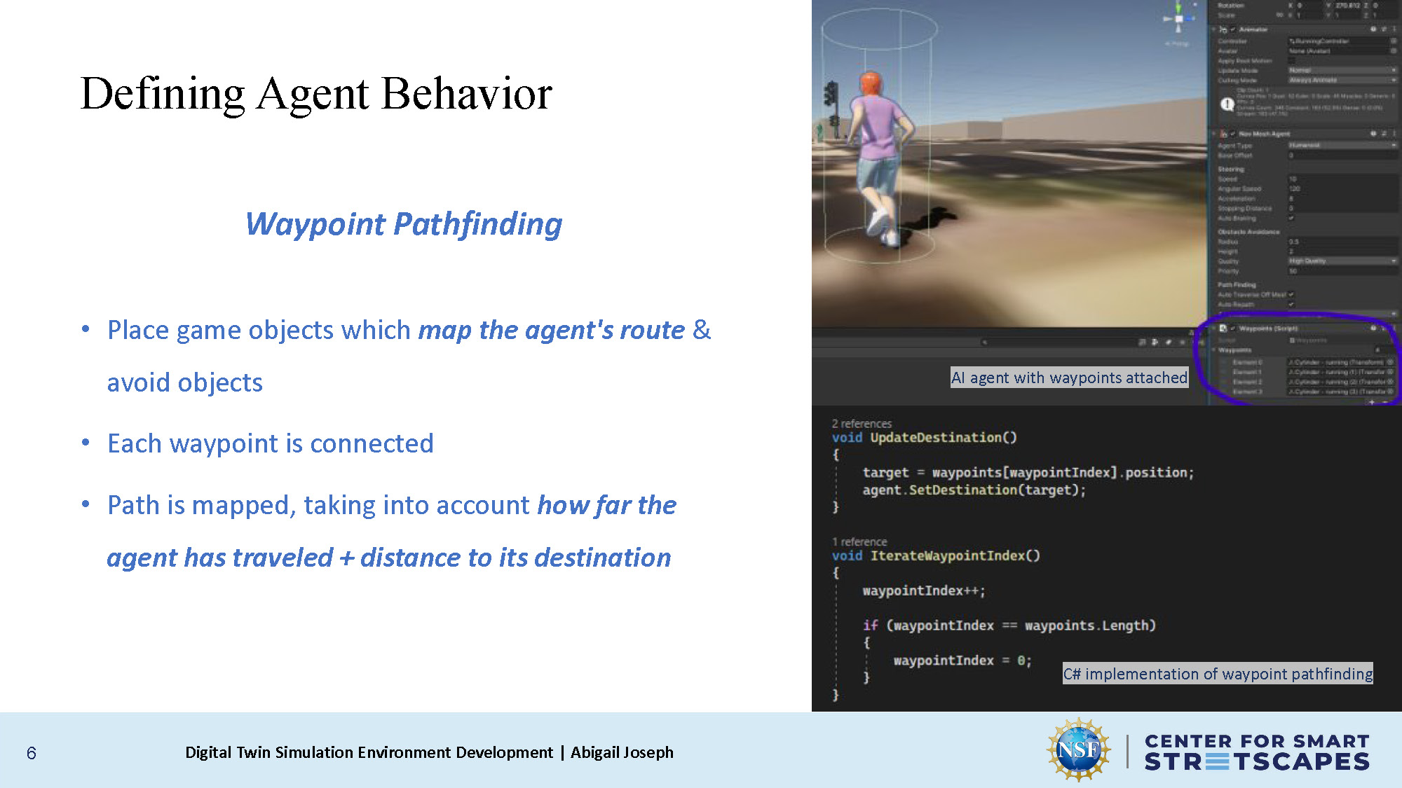 Slide 6: Defining Agent Behavior using Waypoint Pathfinding with C# implementation and visual example