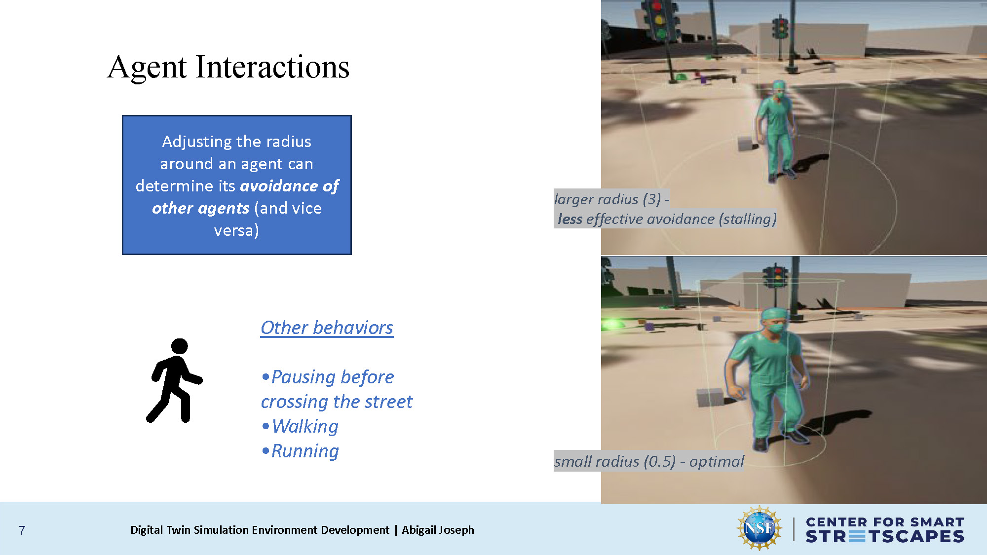 Slide 7: Agent Interactions showing radius adjustments and other behaviors like pausing and walking