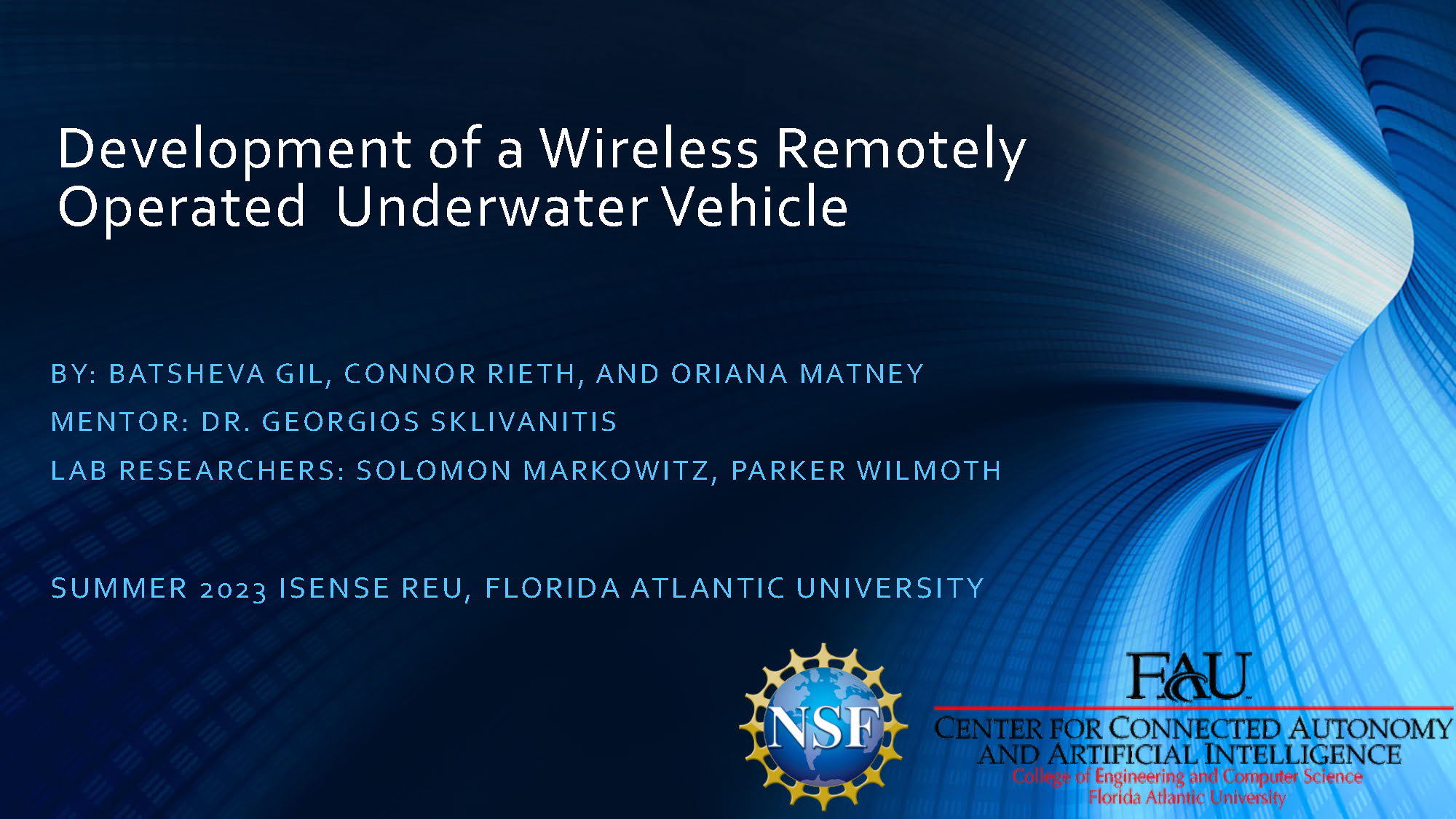 Slide 1: Title slide showing project title, authors, and institutional affiliations for underwater vehicle development research