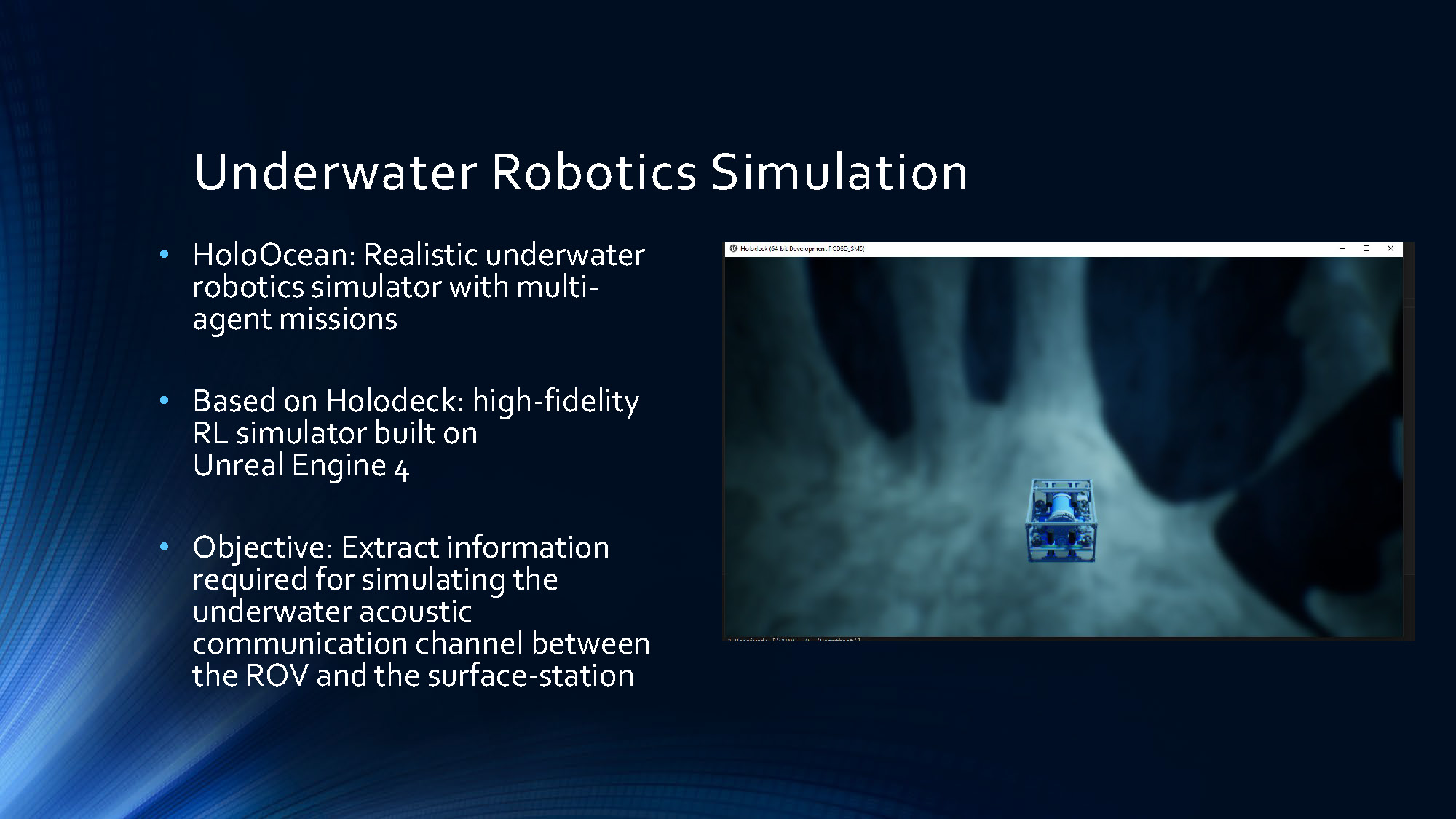 Slide 5: Underwater robotics simulation section describing HoloOcean simulator capabilities and objectives