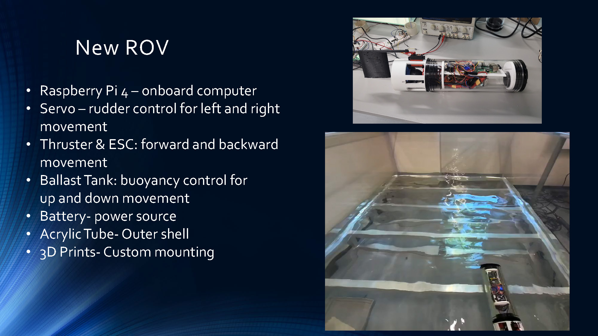 Slide 11: New ROV technical specifications and component breakdown including Raspberry Pi computer and ballast tank system