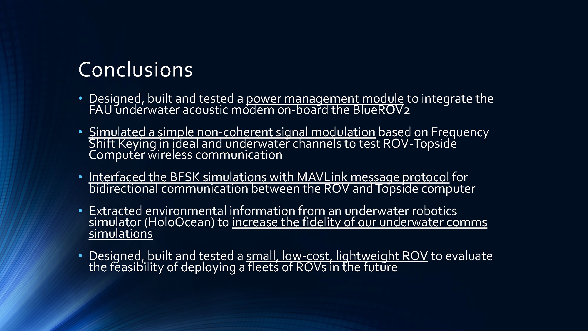 Slide 12: Project conclusions summarizing achievements in power management, communication protocols, and ROV development