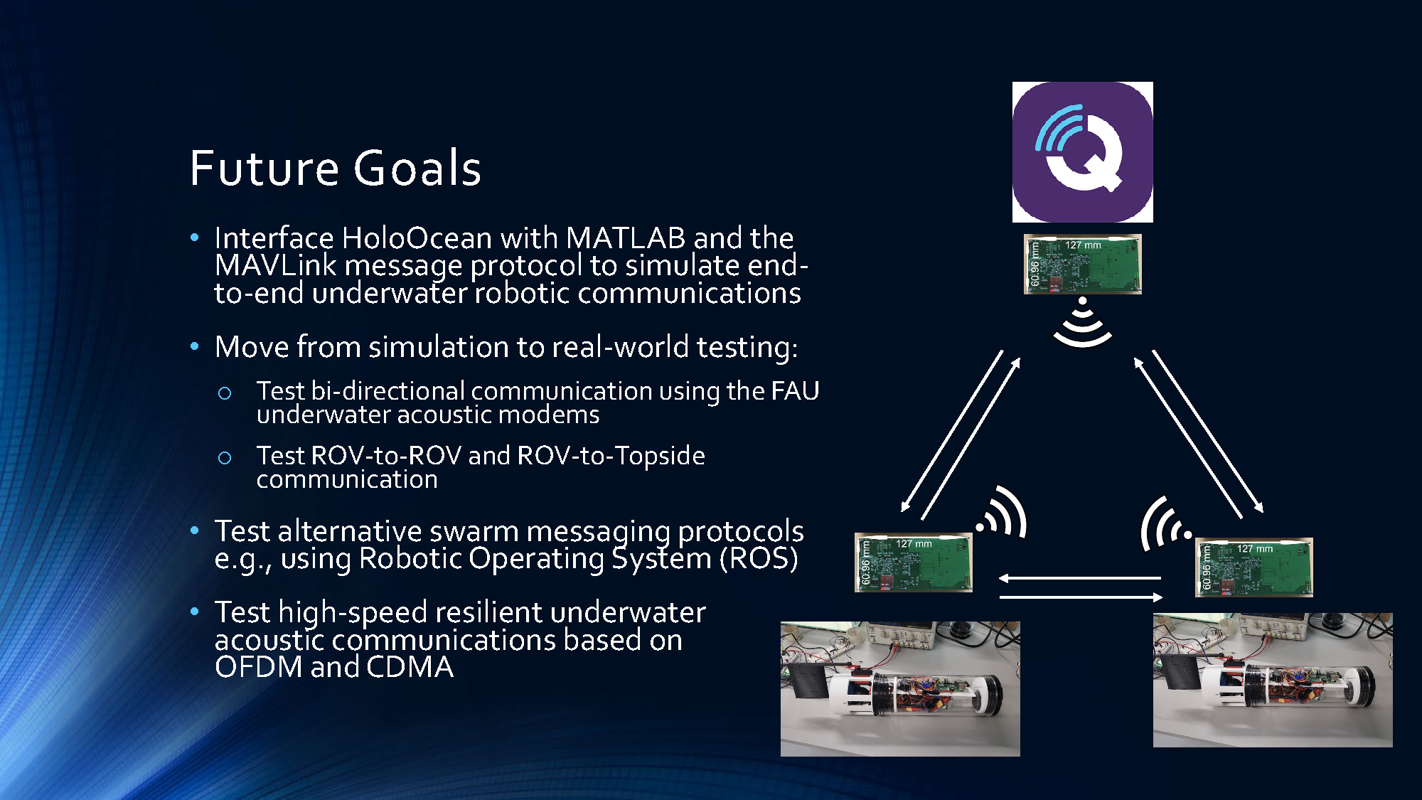 Slide 13: Future goals outlining next steps for real-world testing, alternative protocols, and advanced communication methods