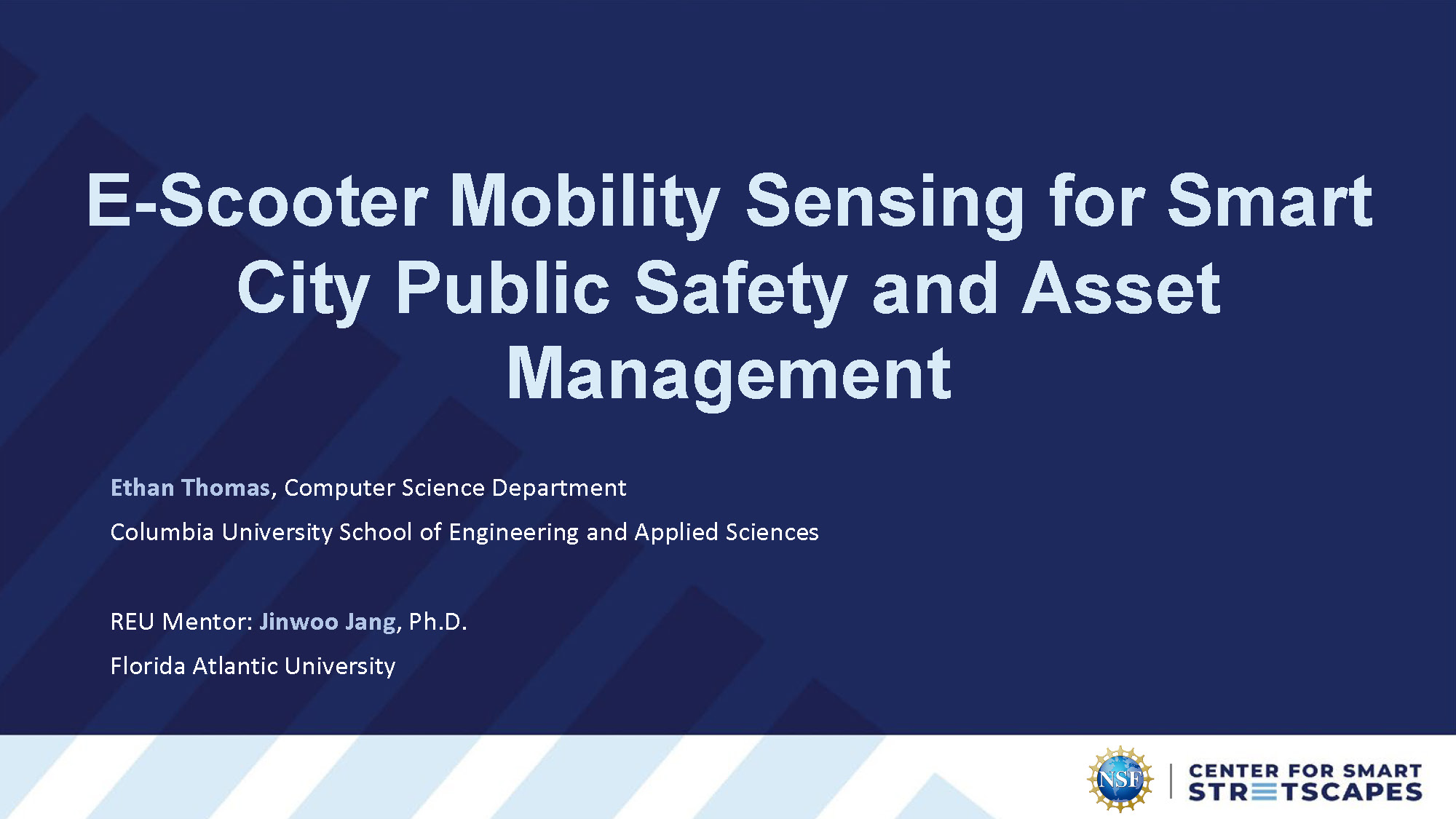 Slide 1: Title slide presenting E-Scooter Mobility Sensing for Smart City Public Safety and Asset Management by Ethan Thomas