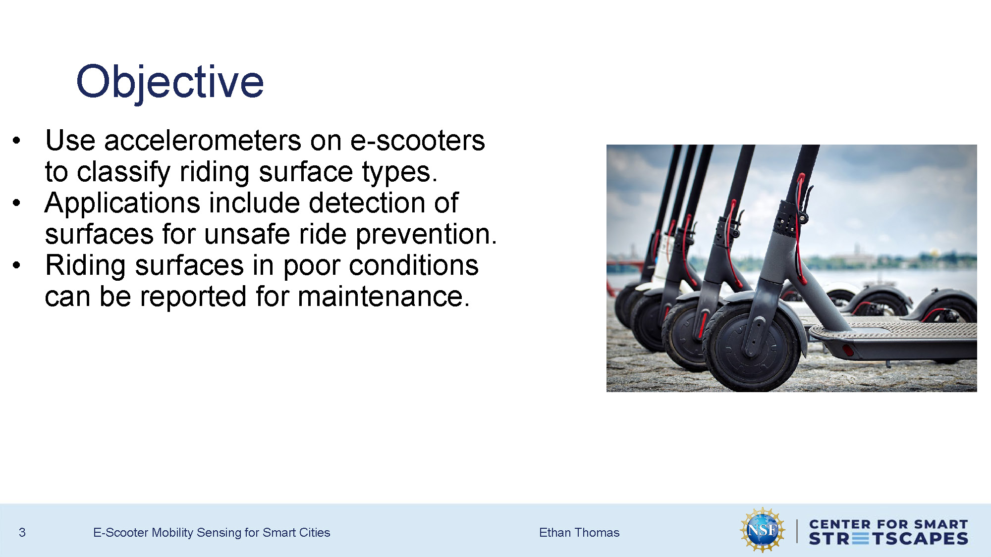 Slide 3: Research objectives for using accelerometers to classify riding surface types