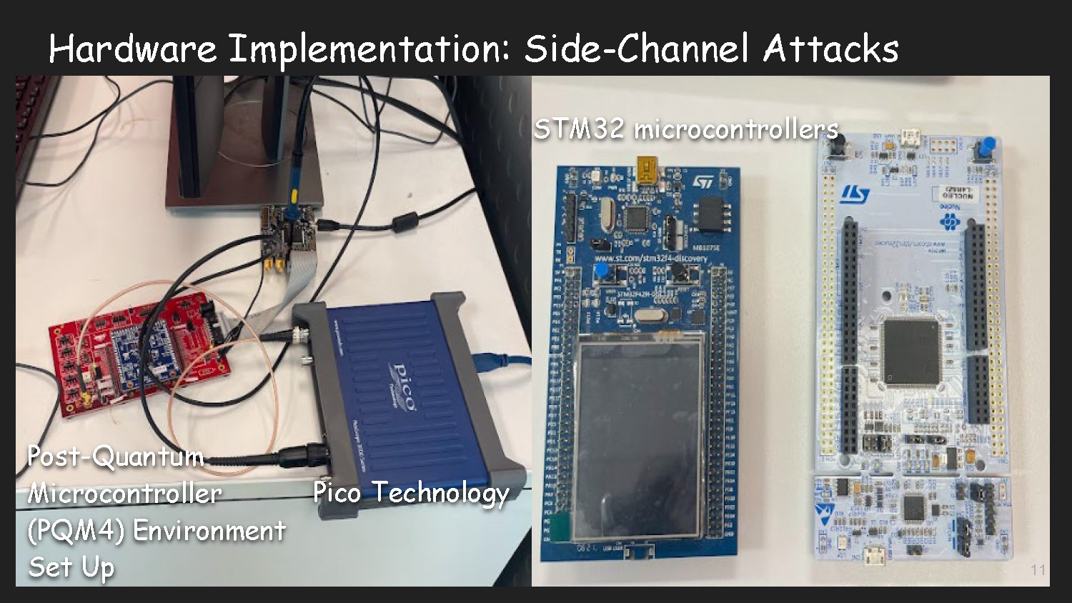 Slide 11: Hardware implementation showing STM32 microcontrollers and side-channel attack setup