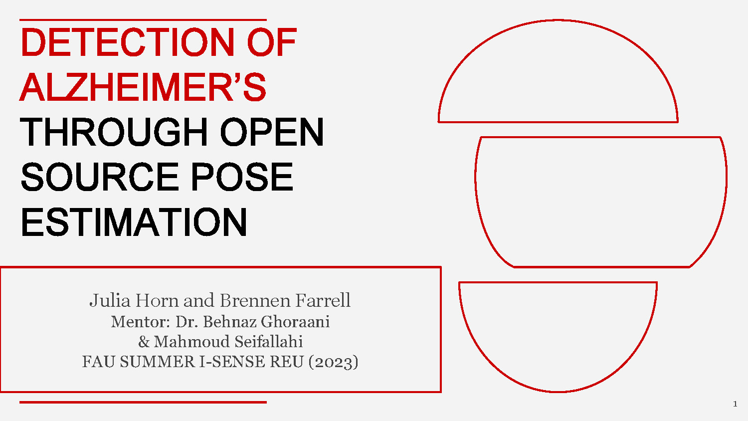 Slide 1: Title slide for Detection of Alzheimer's Through Open Source Pose Estimation by Julia Horn and Brennen Farrell