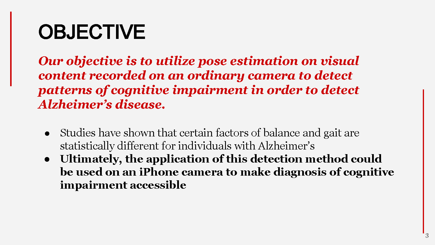 Slide 3: Project objective to use pose estimation for detecting cognitive impairment patterns