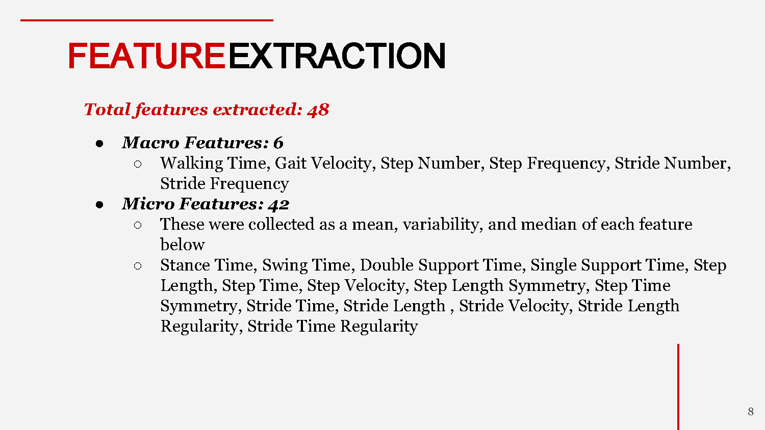 Slide 8: Feature extraction details listing 48 total features including macro and micro features