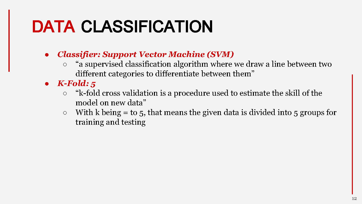 Slide 12: Data classification methodology using Support Vector Machine and K-Fold validation