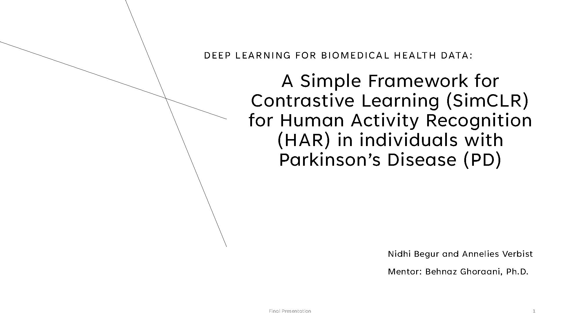 Slide 1: Title slide introducing Deep Learning for Biomedical Health Data project on SimCLR for Human Activity Recognition in Parkinson's Disease