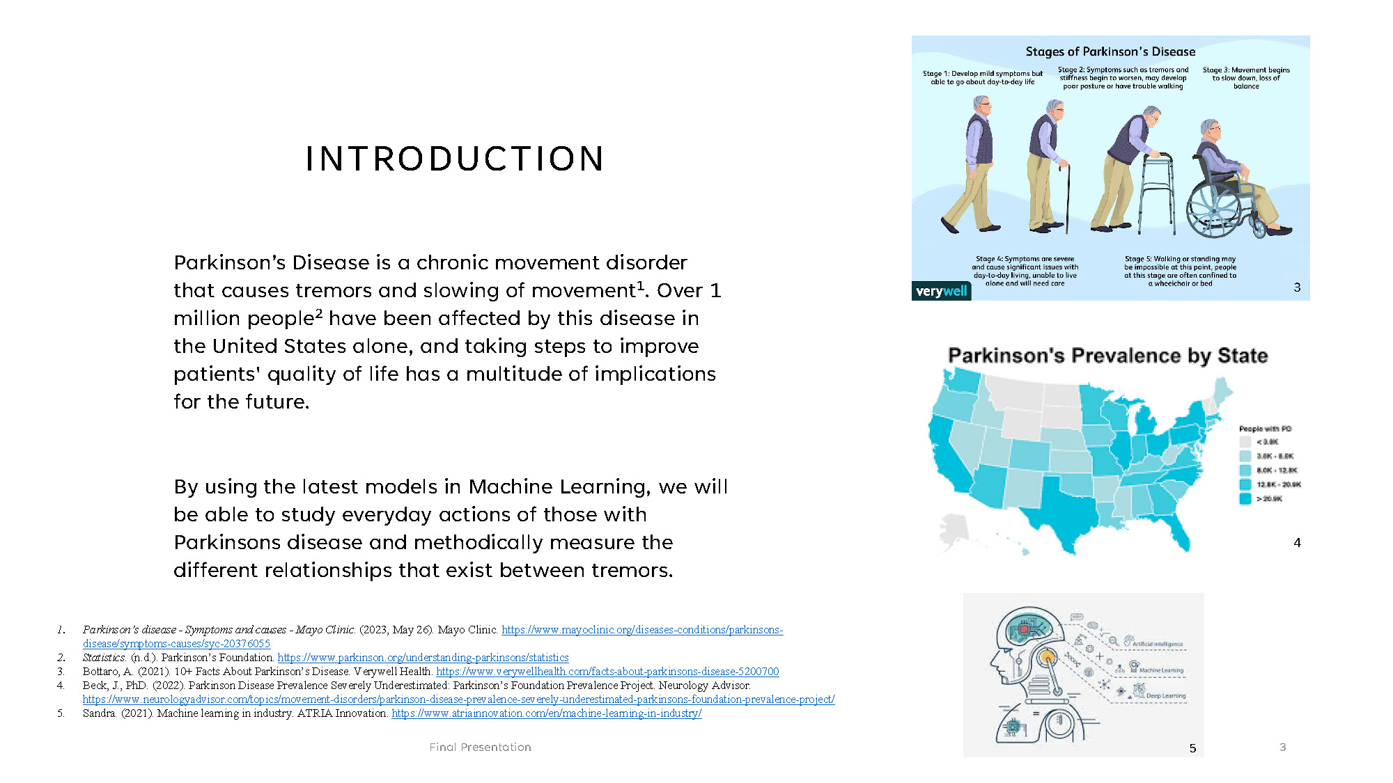 Slide 3: Introduction to Parkinson's Disease with statistics and machine learning applications