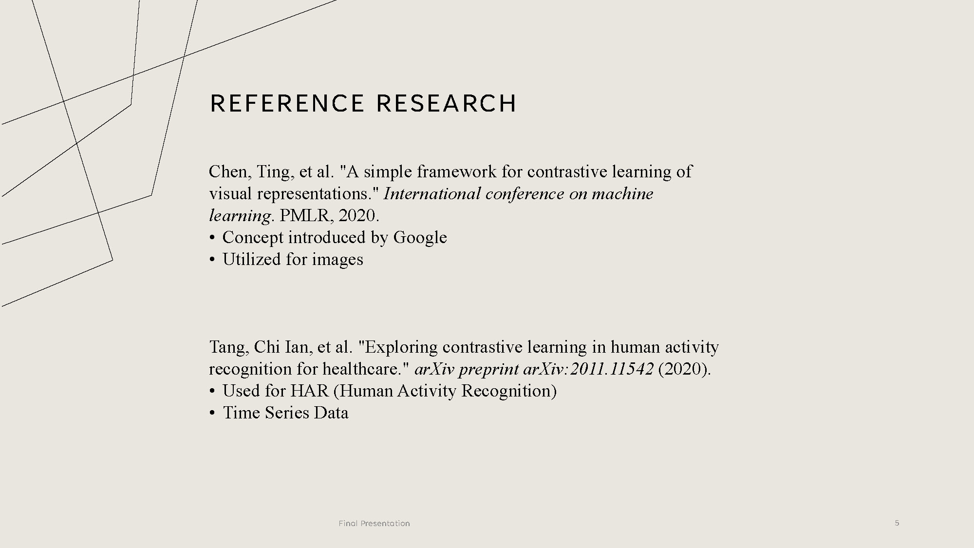 Slide 5: Reference research section citing key papers on SimCLR and contrastive learning for HAR