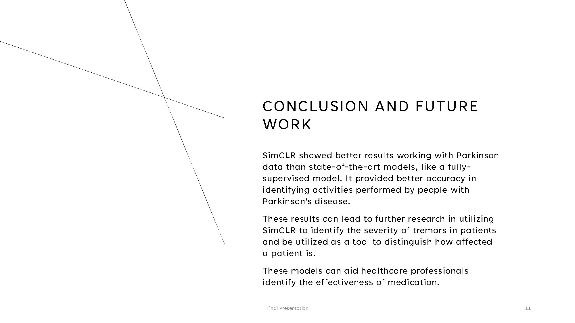Slide 11: Conclusion and future work discussing SimCLR's superior performance and potential healthcare applications
