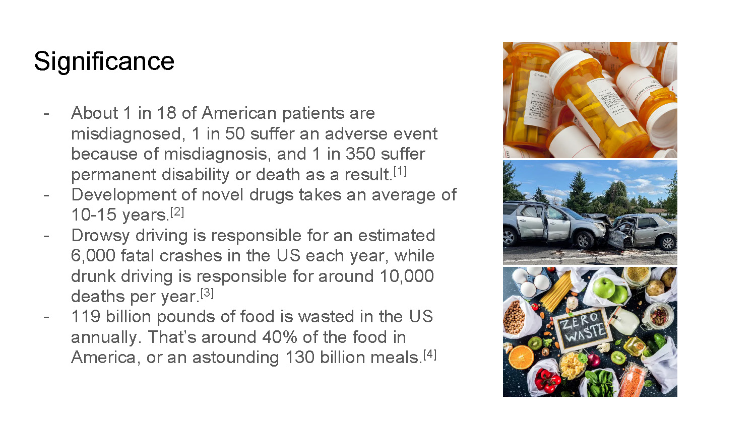 Slide 2: Significance slide describing misdiagnosis, drug development time, drowsy driving and food waste statistics.