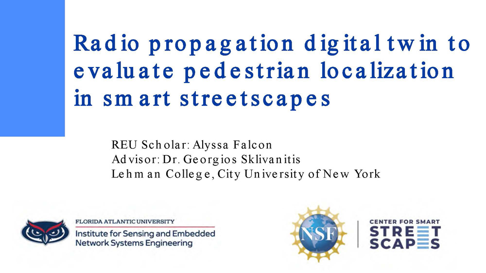 Slide 1: Title slide presenting radio propagation digital twin project by Alyssa Falcon