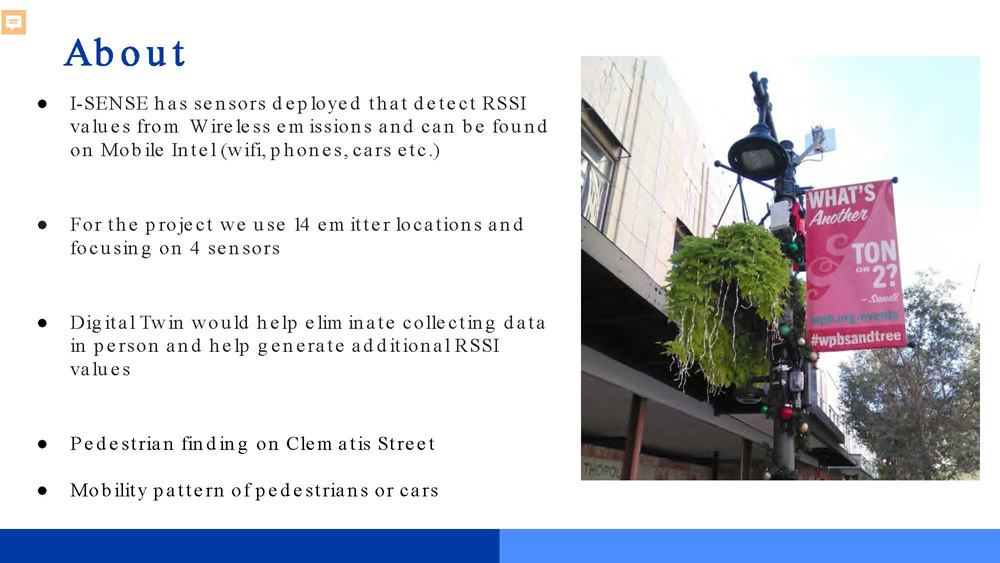 Slide 2: About section describing I-SENSE sensors and project overview with wireless detection capabilities