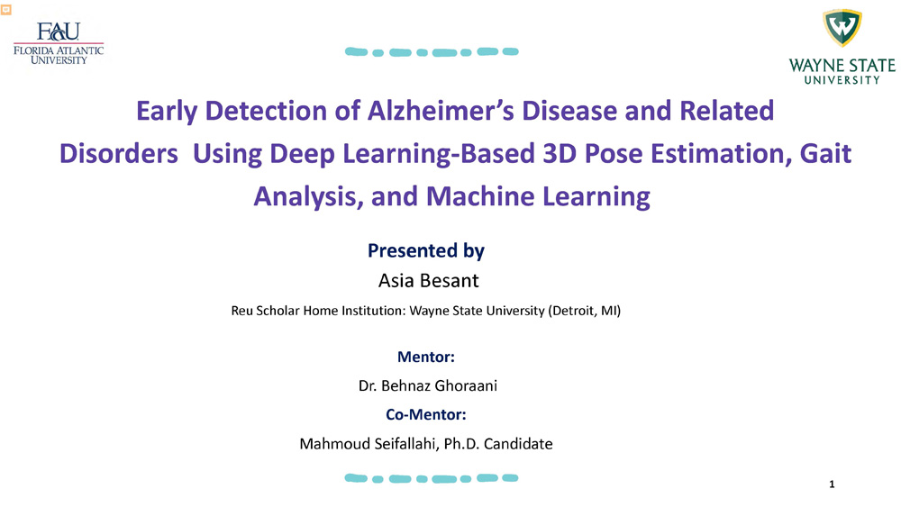 Slide 1: Title slide for Early Detection of Alzheimer's Disease and Related Disorders Using Deep Learning-Based 3D Pose Estimation, Gait Analysis, and Machine Learning