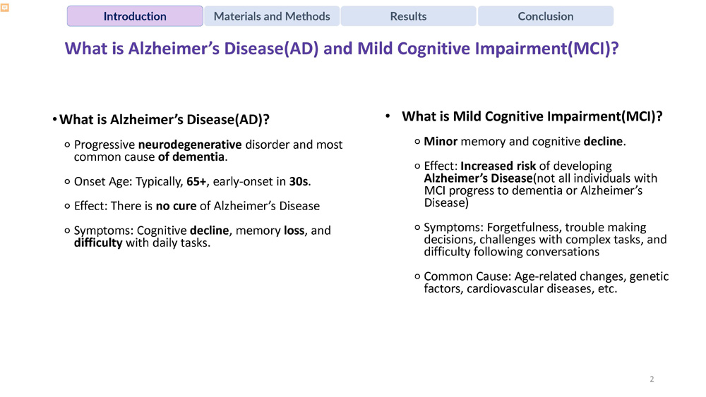 Slide 2: Introduction defining Alzheimer's Disease and Mild Cognitive Impairment with symptoms and characteristics