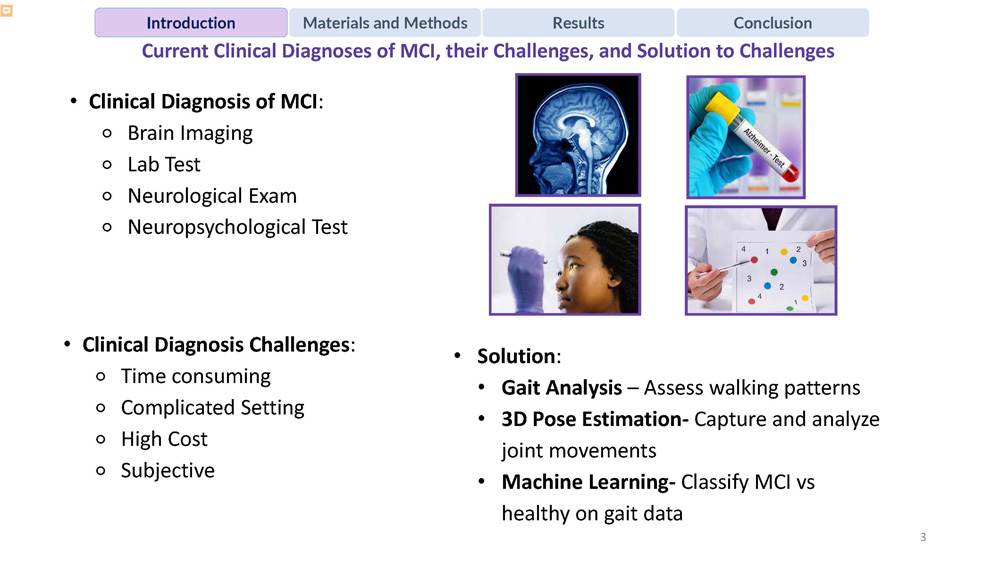 Slide 3: Current clinical diagnoses of MCI, their challenges including time, cost and complexity, and proposed solutions using gait analysis