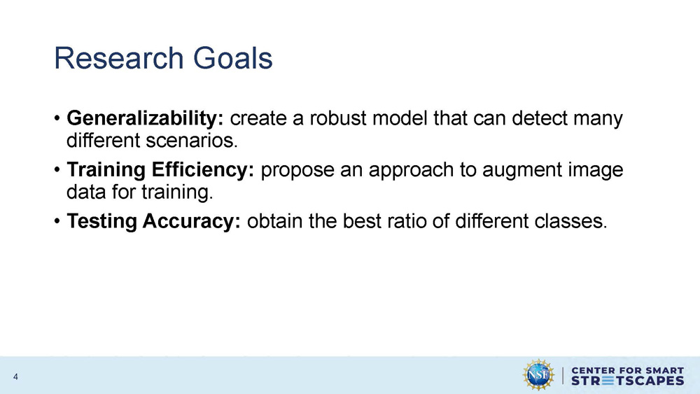 Slide 4: Research Goals outlining generalizability, training efficiency, and testing accuracy objectives