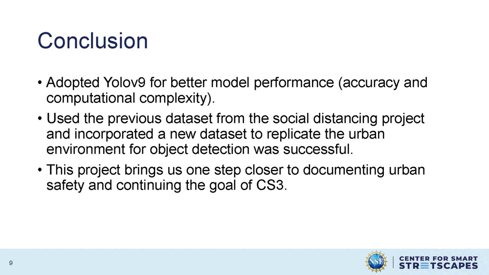 Slide 9: Conclusion summarizing the adoption of YOLOv9 and project achievements