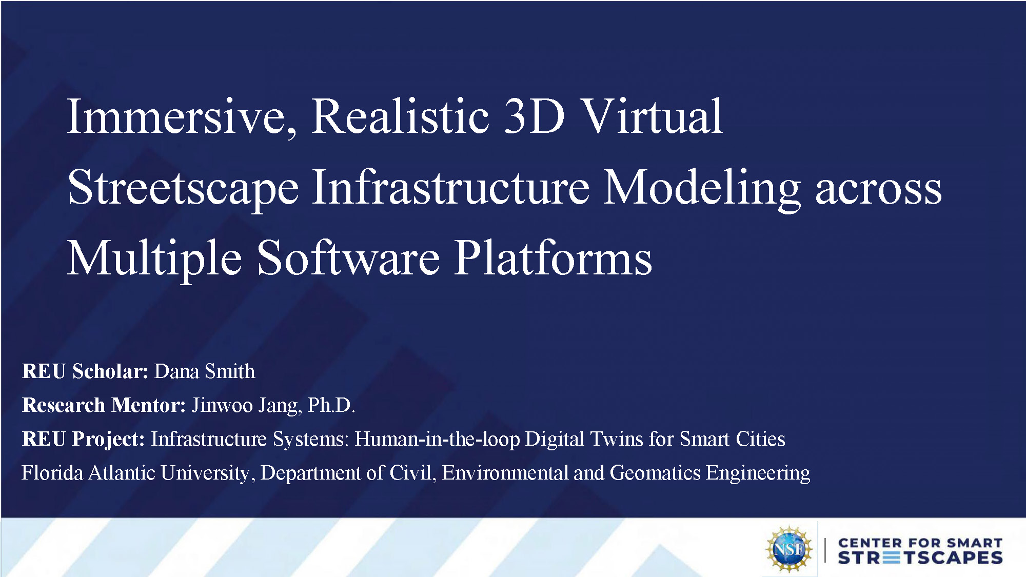 Slide 1: Title slide for Immersive, Realistic 3D Virtual Streetscape Infrastructure Modeling presentation by Dana Smith