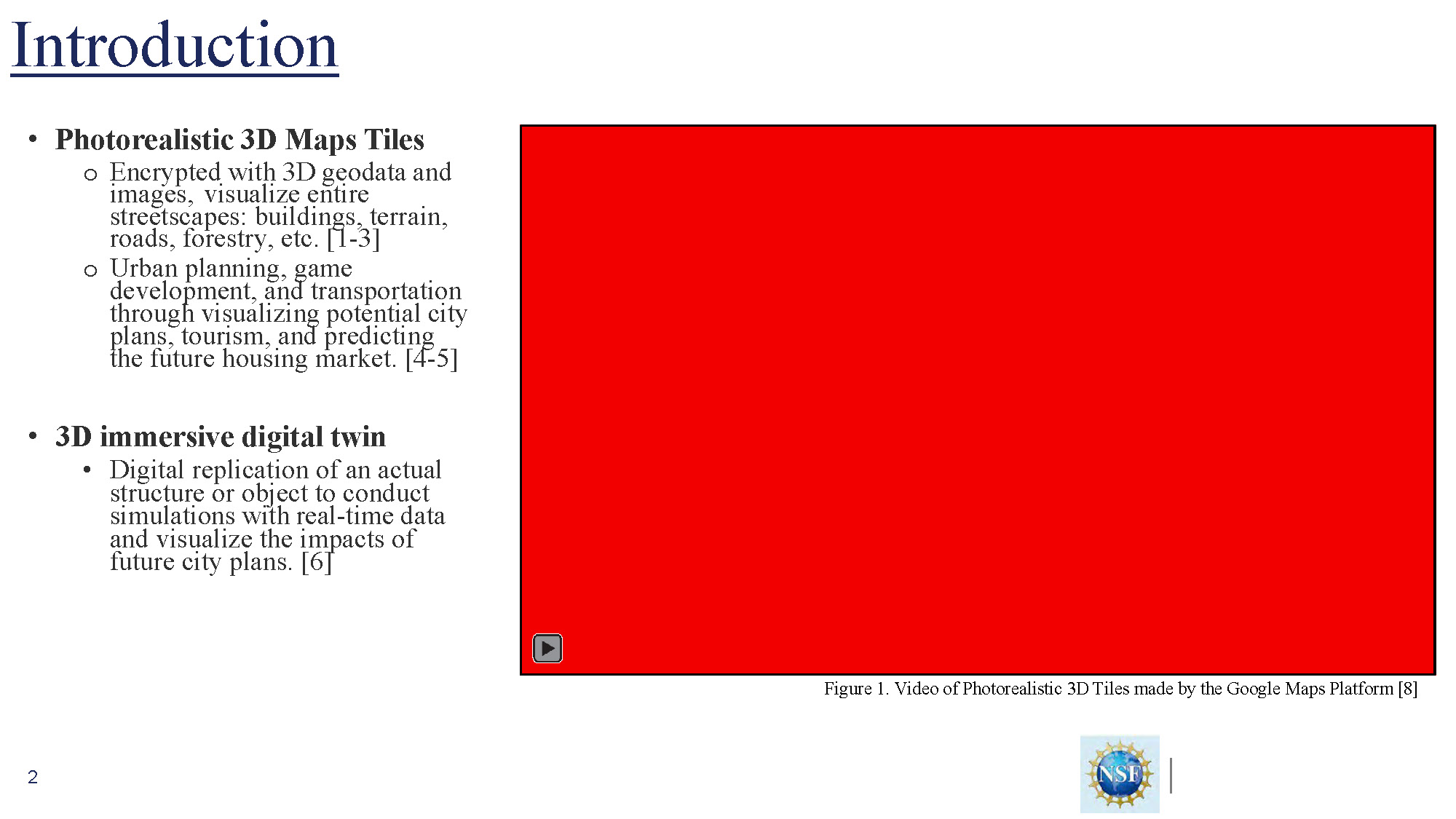 Slide 2: Introduction section with information about photorealistic 3D map tiles and digital twins, includes red video placeholder