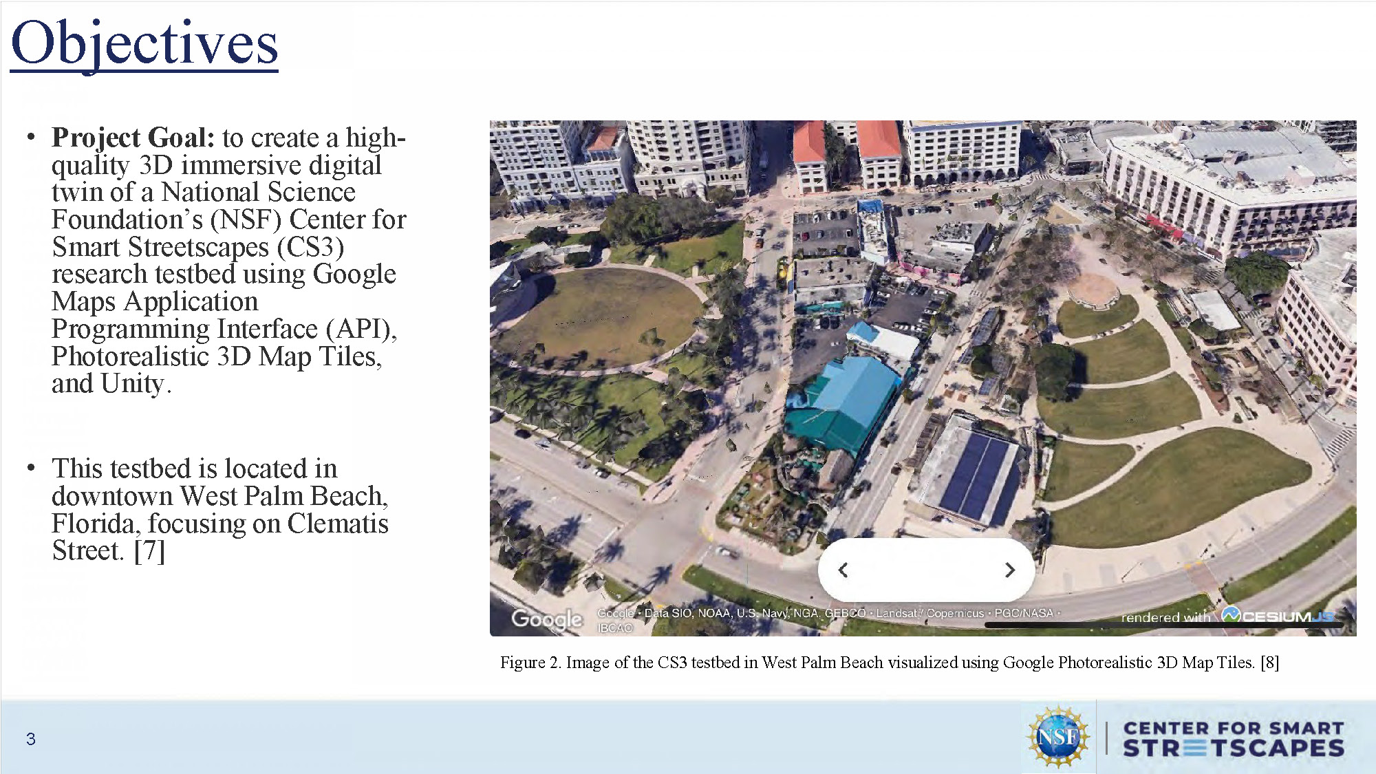 Slide 3: Objectives section describing project goals for creating 3D digital twin of CS3 testbed in West Palm Beach