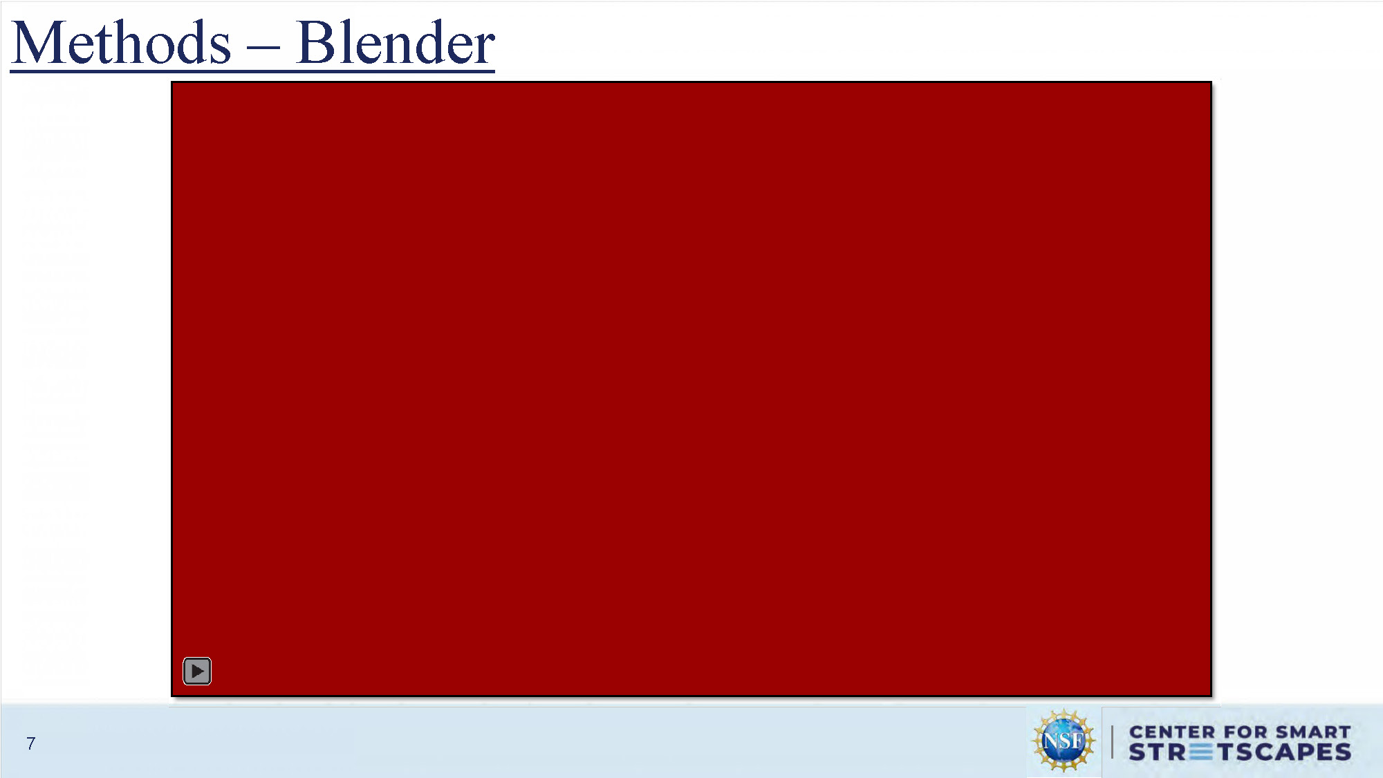 Slide 7: Methods - Blender continued, showing additional 3D modeling work and interface views