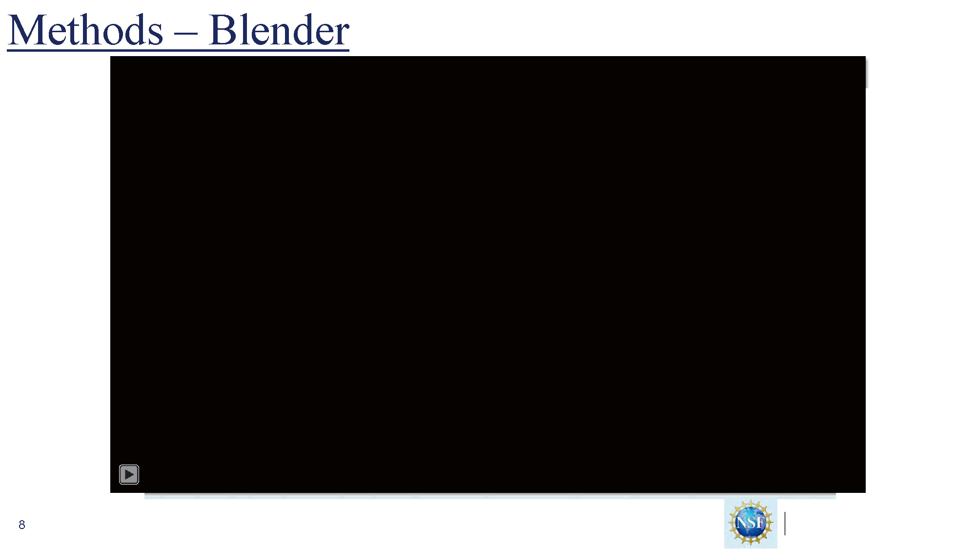 Slide 8: Methods - Blender showing detailed 3D models and texturing work