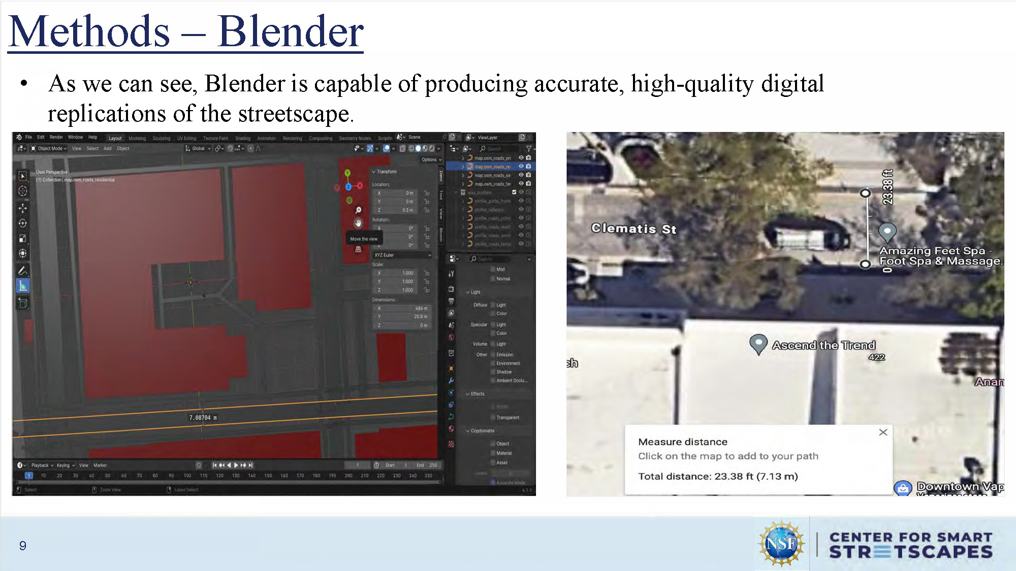 Slide 9: Methods - Blender conclusion stating Blender's capability for accurate digital replications