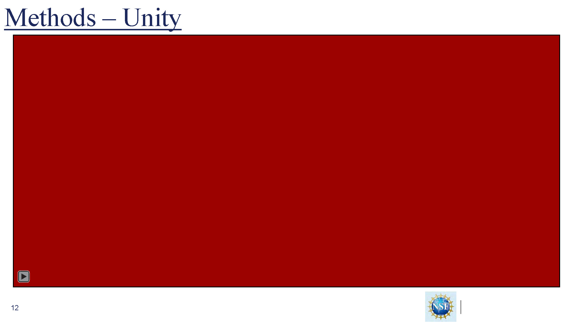 Slide 12: Methods - Unity continued, showing additional Unity development work and scene setup
