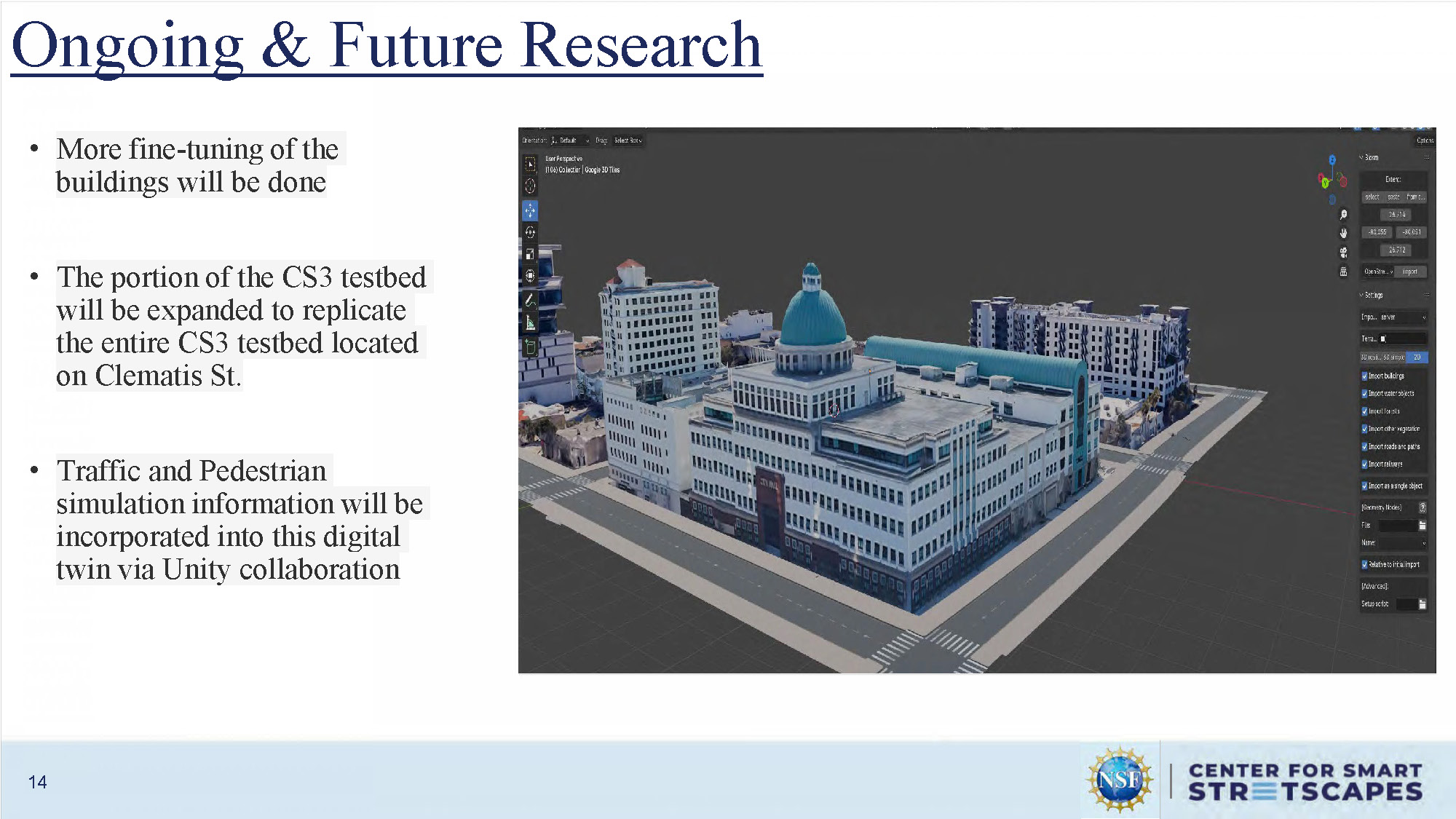 Slide 14: Ongoing & Future Research section outlining next steps and planned improvements