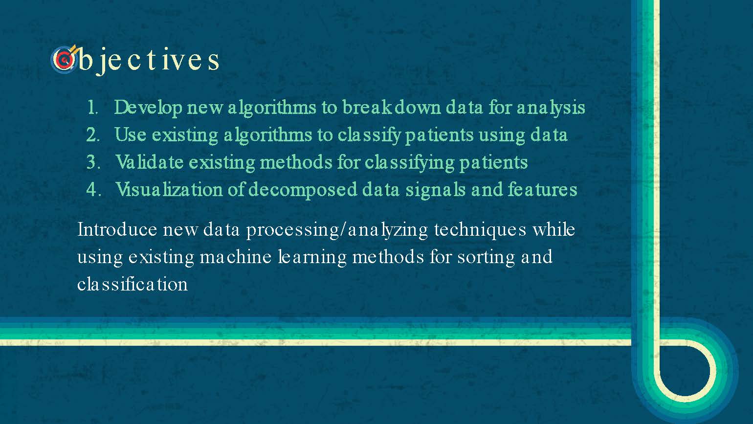 Slide 4: Four main objectives including developing new algorithms, classification methods, validation, and visualization
