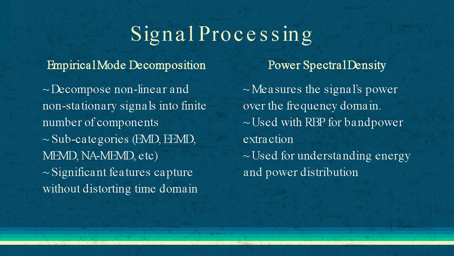 Slide 9: Signal processing methods including Empirical Mode Decomposition and Power Spectral Density analysis