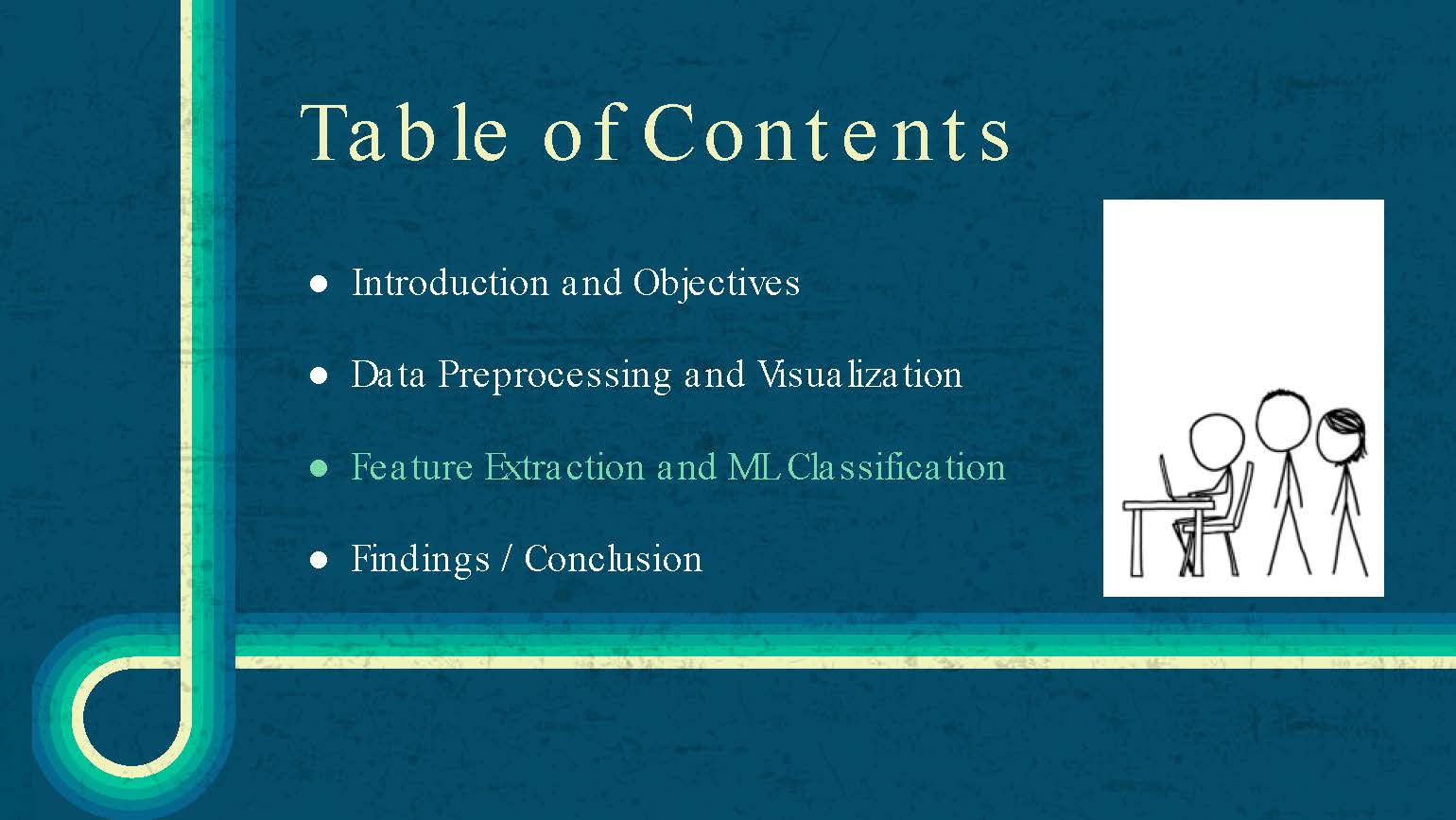 Slide 11: Table of contents highlighting feature extraction and ML classification section