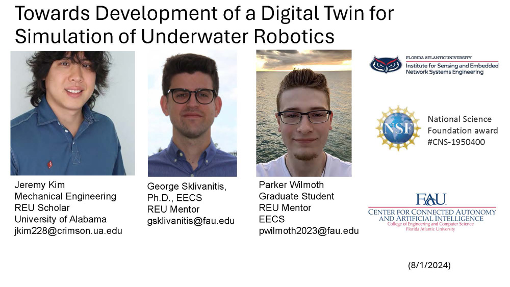 Slide 1: Title slide for underwater robotics digital twin development project by Jeremy Kim