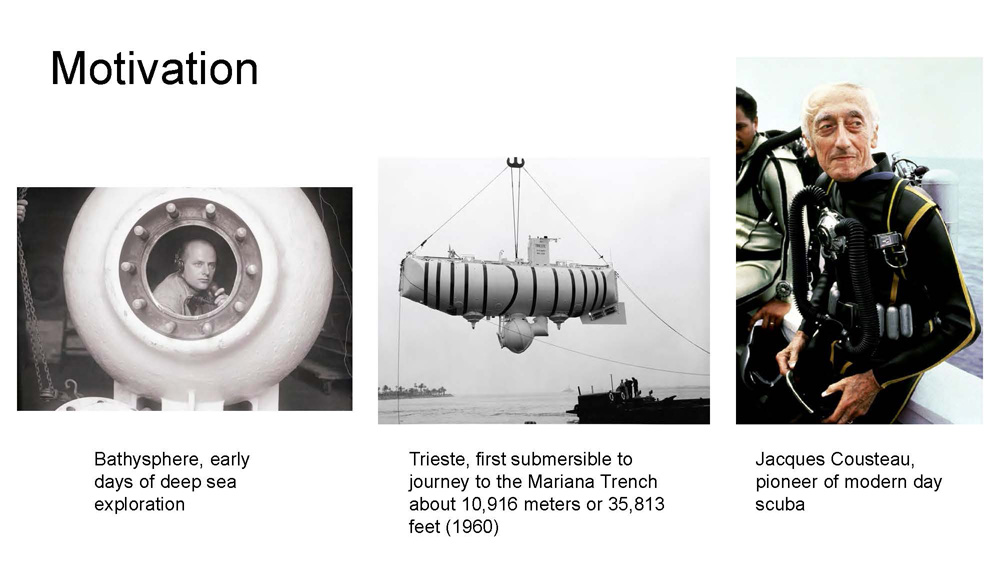 Slide 2: Motivation showing historical underwater exploration vehicles including Bathysphere, Trieste, and Jacques Cousteau