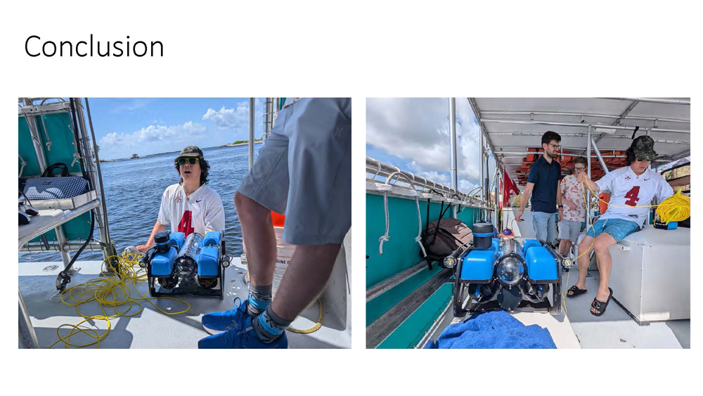 Slide 11: two images of people standing and sitting on a boat on the water with various equipment