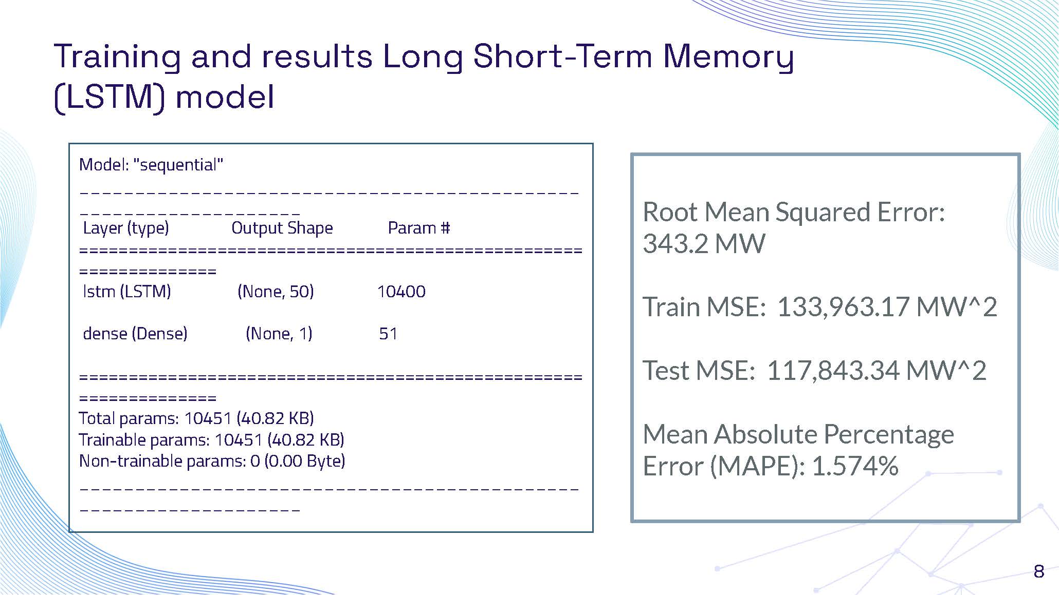 Slide 8: Training and results for Long Short-Term Memory (LSTM) model with performance metrics