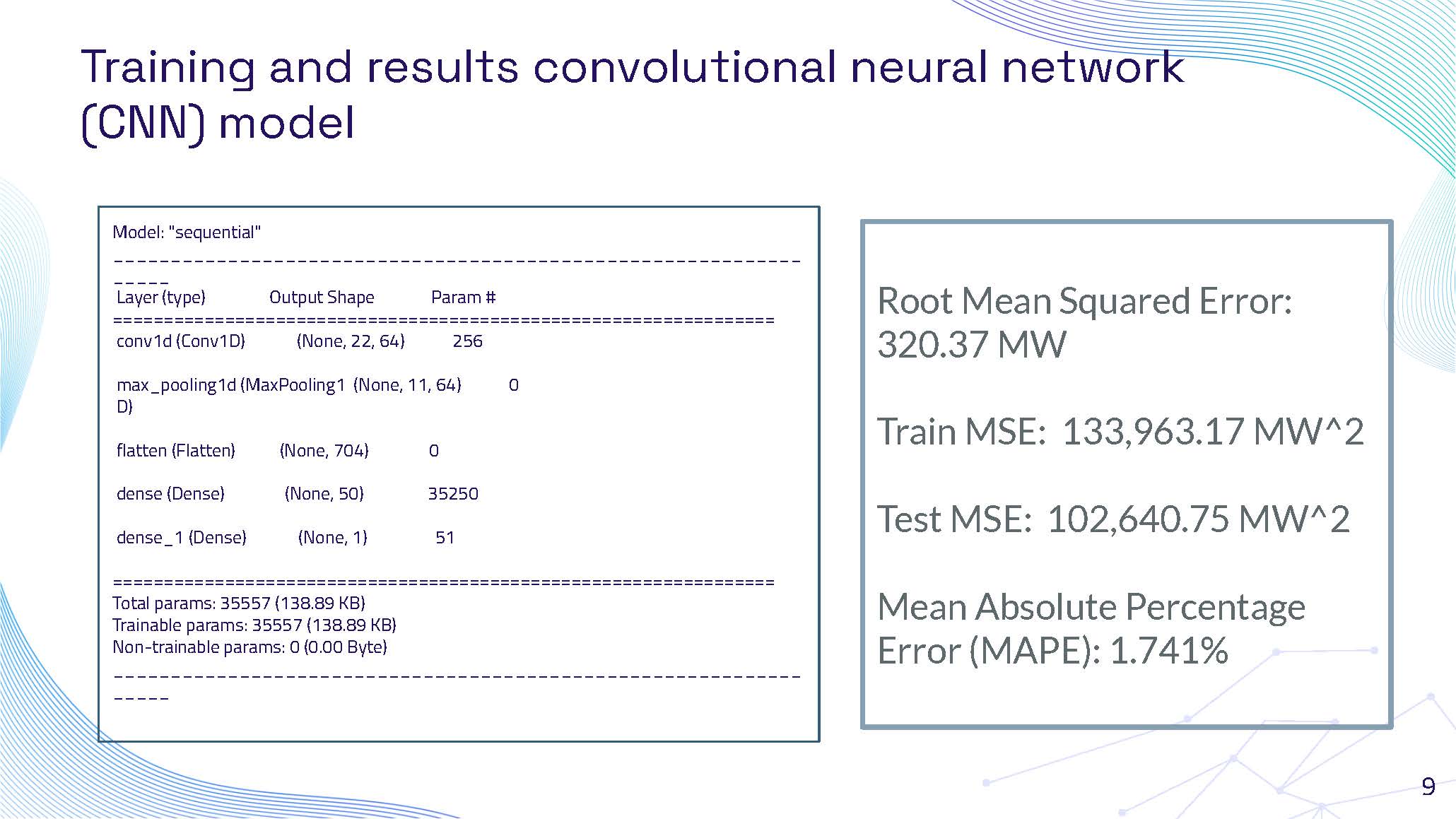 Slide 9: Training and results for convolutional neural network (CNN) model with architecture and metrics