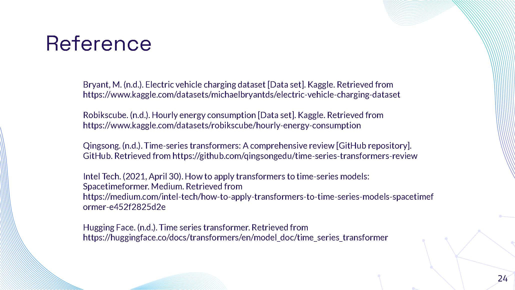 Slide 24: Reference list showing academic and online sources used in the research