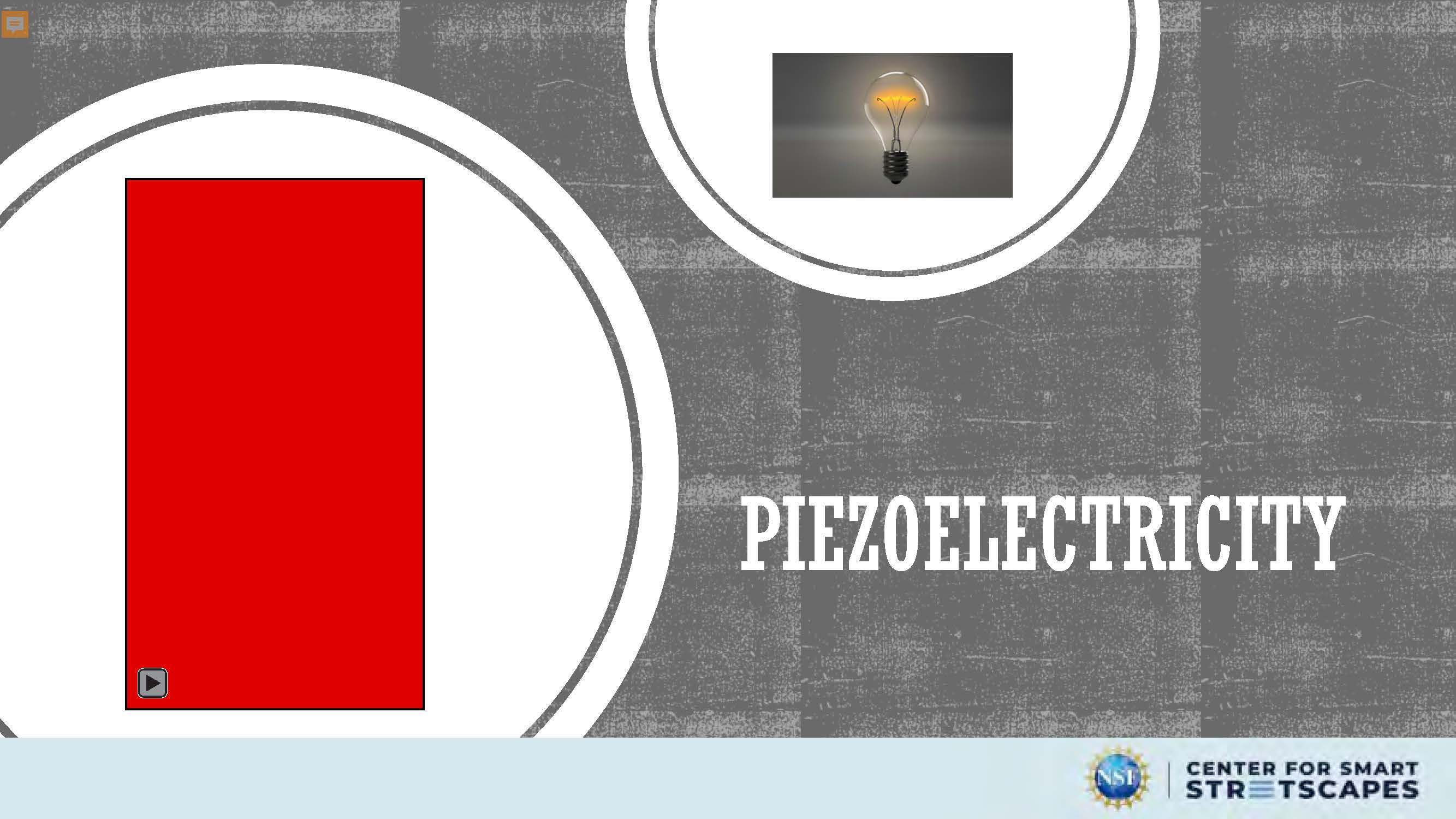 Slide 2: Title slide showing PIEZOELECTRICITY in large text with red video placeholder on left
