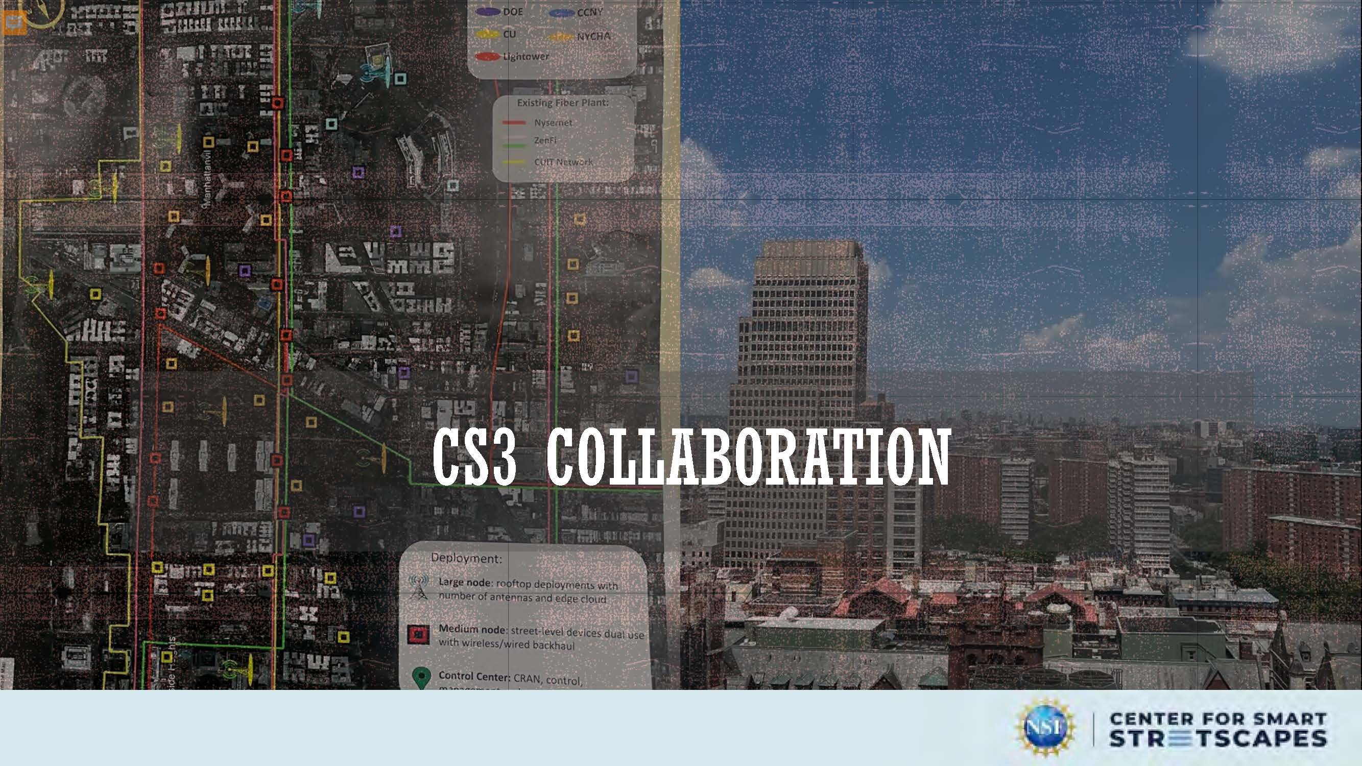Slide 4: cityscape overlayed with words CS3 Collaboration