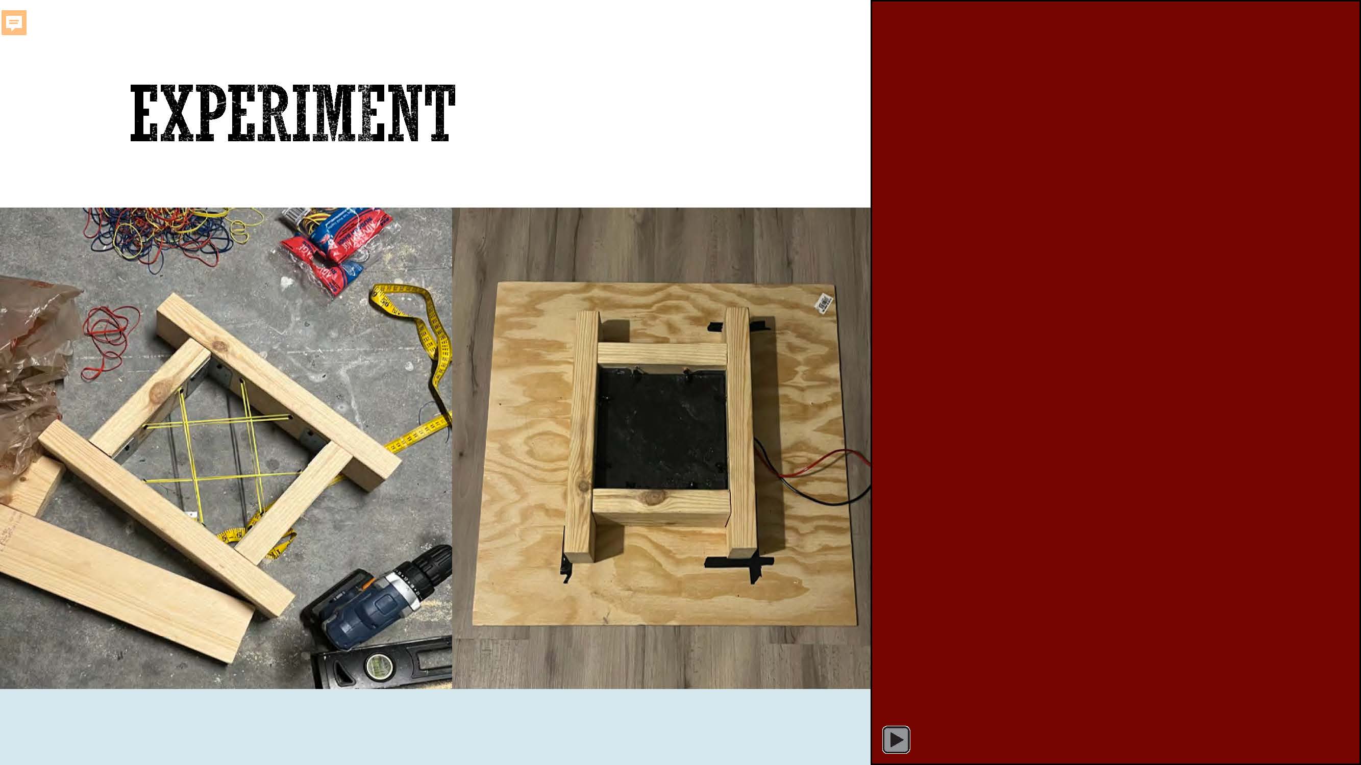 Slide 10: Left: image of wooden frames, tools, wires; right - a dark red video placeholder with video icon in lower left